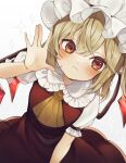  1girl blonde_hair blush closed_mouth collared_shirt crystal flandre_scarlet frilled_shirt_collar frilled_sleeves frills gradient_background hair_between_eyes hat highres long_hair mob_cap one_eye_closed red_eyes red_skirt red_vest shirt short_sleeves skirt solo touhou upper_body vest white_headwear white_shirt wings yuineko 