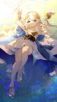  1girl absurdres alternate_costume bird blue_eyes detached_sleeves dove dress flower grass highres honkai_(series) honkai_impact_3rd laurel_crown lying on_back on_grass puffy_sleeves qing_shi_mang_xue_(user_faem7575) sandals solo theresa_apocalypse toes translucent white_dove white_hair 