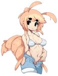  absurdres antenna_hair bikini black_eyes commission commissioner_upload denim denim_shorts dripping highres looking_at_viewer navel orange_hair original pepper_(teuthidan) short_hair shorts shrimp_girl slugbox sweat swimsuit tail 