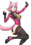  absurdres black_gloves black_thighhighs blush extra_ears gloves high_heels highres kemono_friends kemono_friends_3 leotard long_sleeves looking_at_viewer multicolored_leotard official_alternate_costume panther_ears panther_girl panther_tail peach_panther_(kemono_friends) pink_hair pink_leotard shirt short_hair tanabe_(fueisei) tank_top thighhighs yellow_eyes yellow_shirt 