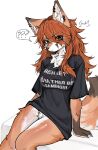  2023 anthro bed bottomless bottomless_anthro bottomless_female breasts canid canine chest_tuft clothed clothing colored digital_drawing_(artwork) digital_media_(artwork) dipstick_ears dipstick_tail ear_piercing ear_ring female female_anthro fox fur furniture hair hi_res inner_ear_fluff kemono long_hair looking_at_viewer mammal markings multicolored_body multicolored_ears multicolored_fur multicolored_tail nipple_outline on_bed piercing portrait pubes puppyypawss question_mark ring_piercing shirt simple_background sitting sitting_on_bed solo t-shirt_only tail tail_markings text text_on_clothing three-quarter_portrait topwear tuft whisker_spots white_background 