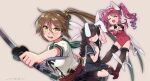  3girls animal_ears braid brown_hair ensemble_girls! fake_animal_ears hair_over_eyes hisayoshi_(hisa) holding holding_sword holding_weapon kimisaki_school_uniform long_hair looking_at_viewer mineyama_shion multiple_girls pink_hair playboy_bunny ponytail rabbit_ears sanjou_gin school_uniform sword twin_braids twintails weapon white_background yakumo_chizuru yellow_eyes 