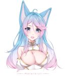  1girl animal_ears artist_name blue_eyes blue_hair blush breasts cleavage cleavage_cutout clothing_cutout cowlick cropped_torso detached_sleeves dress english_commentary gradient_hair hair_between_eyes highres large_breasts looking_at_viewer metalkrot multicolored_hair open_mouth pink_hair portrait silvervale simple_background solo virtual_youtuber vshojo waist_cutout white_background white_dress wolf_ears 
