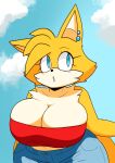  2023 anthro berkthejerk blue_eyes bottomwear breasts canid canine clothed clothing cloud crossgender ear_piercing female fox fur hi_res mammal miles_prower mtf_crossgender multicolored_body multicolored_fur outside pants piercing sega solo sonic_the_hedgehog_(series) two_tone_body two_tone_fur white_body white_fur yellow_body yellow_fur 
