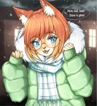  absurd_res anthro canid canine child clothed clothing coat cute_expression detailed_background digital_media_(artwork) dolohova_(artist) english_text eyewear facial_markings fan_character female fluffy fluffy_ears fluffy_tail fox fur glasses hair head_markings hi_res mammal markings open_mouth orange_body orange_fur orange_hair outside portrait questions_and_answers scarf smile snow snowing solo tail teeth text topwear winter winter_coat young 