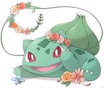  blue_flower bright_pupils bulbasaur claws creature fangs flower flower_wreath highres no_humans open_mouth orange_flower pink_flower plant pokemon pokemon_(creature) red_eyes seed solo vines white_background white_footwear white_pupils yukichi_(sukiyaki39) 