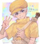  1boy arrow_(projectile) blue_eyes dated dr._stone hand_up hat looking_at_viewer male_focus quiver saionji_ukyou shirt short_hair short_sleeves smile solo twitter_username upper_body white_hair wrist_cuffs yellow_headwear yellow_shirt yu_(zatta13chan) 