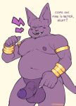 anthro balls belly blush bracelet champa dragon_ball dragon_ball_super english_text erection fupa genitals hi_res jewelry leviapanda male moobs nipples nude overweight penis purple_body solo text vein veiny_penis 