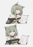  1girl absurdres animal_ear_fluff animal_ears arknights bare_shoulders black_choker choker clenched_teeth commentary dress english_commentary green_dress green_eyes green_hair head_tilt highres holding holding_paper kal&#039;tsit_(arknights) long_sleeves looking_at_object lynx_ears lynx_girl medium_hair off-shoulder_dress off_shoulder open_mouth oripathy_lesion_(arknights) paper sidelocks simple_background solo teeth wawamachi_(wawamachis) white_background winnie_the_pooh 