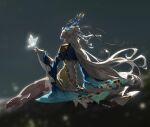  1girl absurdres blue_horns blurry blurry_background bug butterfly butterfly_on_hand cheese_kang closed_eyes facing_away gold_trim hair_ornament hair_ribbon highres horns long_hair long_sleeves ribbon sitting solo very_long_hair white_butterfly white_hair 