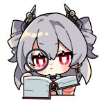  book chibi closed_mouth drill_hair earrings english_commentary grey_hair honkai_(series) honkai_impact_3rd jewelry official_art open_book prometheus_(honkai_impact) reading red_eyes transparent_background upper_body v-shaped_eyebrows 
