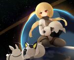  1girl absurdres ash_arms blonde_hair blush breasts dog expressionless headwear_removed helmet helmet_removed highres kneeling laica_(marfusha) looking_to_the_side low_twintails marfusha matsudai_d medium_breasts pantyhose rabbit red_eyes sky solo space space_helmet spacesuit star_(sky) starry_sky thighband_pantyhose twintails 
