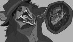 7:4 absurd_res anthro bodily_fluids boots cheek_spikes cheek_tuft clothed clothing coat dark_sclera duo facial_spikes facial_tuft footwear glistening glistening_eyes hat headgear headwear hi_res imperatorcaesar in_mouth male monochrome neckerchief one_eye_closed open_mouth oral_vore saliva saliva_string sharp_teeth species_request spiked_tail spikes spikes_(anatomy) tail teeth topwear tuft vore wearing_hat 