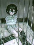  1other absurdres androgynous aqua_eyes bars belt_boots black_footwear black_hair boots commentary from_above hair_between_eyes highres in_cell indoors long_sleeves looking_at_viewer open_mouth oqo_808 original prison_cell shirt short_hair solo straitjacket white_shirt 