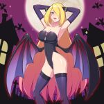  1girl arms_up black_gloves black_leotard blonde_hair breasts commentary_request covered_navel cynthia_(pokemon) demon_girl demon_wings elbow_gloves full_moon gloves hair_over_one_eye halloween large_breasts leotard long_hair looking_at_viewer madoka_(user_zrnk8278) moon night night_sky open_mouth partial_commentary pokemon pokemon_(game) pokemon_dppt purple_sky sky solo thighhighs very_long_hair wings zubat 