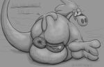  2_toes alien anthro anus big_butt bodily_fluids butt butt_grab english_text feet female genitals grey_background hair hand_on_butt hi_res monochrome puffy_anus pussy simple_background smile solo sweat sylvia_(wander_over_yonder) text thedeathcrow05 toes 