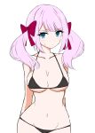  1girl arms_behind_back assault_lily bare_arms bare_shoulders bikini black_bikini blue_eyes blush bow breasts cleavage closed_mouth collar commentary_request cowboy_shot groin hair_between_eyes halterneck highres large_breasts long_hair looking_at_viewer navel pink_hair red_bow sadamori_himeka simple_background sketch solo standing stomach string_bikini sweatdrop swimsuit twintails ueda_(ueeeeeeeee1006) white_background 