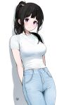  1girl arms_behind_back black_hair blue_pants blush breasts chitanda_eru denim hair_over_shoulder highres hyouka invisible_wall jeans leaning_back long_hair looking_at_viewer medium_breasts mery_(yangmalgage) oreki_houtarou pants ponytail purple_eyes shirt smile solo white_shirt 