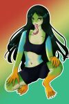  amphibian anthro black_hair bottomwear clothed clothing digital_media_(artwork) female frog green_body gym_clothing hair hi_res long_hair long_tongue membrane_(anatomy) pallid-panda red_eyes shorts simple_background solo tongue tongue_out topwear webbed_feet 