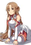  1girl all_fours armor asuna_(sao) asymmetrical_bangs braid breastplate brown_eyes brown_hair closed_mouth commentary detached_sleeves french_braid highres knights_of_blood_uniform_(sao) long_hair looking_at_viewer pleated_skirt red_skirt short_ponytail skirt smile solo suberaku sword_art_online thighhighs very_long_hair white_armor white_background white_sleeves white_thighhighs 