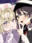  2girls :d black_capelet black_hair black_headwear blonde_hair blush capelet commentary dress fingernails hair_between_eyes hand_up hands_on_own_cheeks hands_on_own_face hands_up hat heads_together highres looking_at_viewer maribel_hearn medium_hair mob_cap mokokiyo_(asaddr) multiple_girls necktie open_mouth orange_eyes purple_dress purple_eyes red_necktie smile teeth touhou upper_body upper_teeth_only usami_renko v white_headwear 