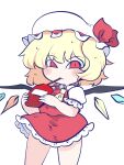 1girl ascot bare_legs blonde_hair blood blood_bag chahan_(fried_rice0614) chibi commentary_request cowboy_shot crystal drinking_blood flandre_scarlet hat highres legs_apart looking_at_viewer medium_hair mob_cap one-hour_drawing_challenge puffy_short_sleeves puffy_sleeves red_eyes red_skirt red_vest short_sleeves simple_background skirt skirt_set slit_pupils solo touhou vampire vest white_background wing_collar wings yellow_ascot 