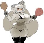  anthro big_breasts big_tail bikini breasts catmaid_(cibastion) cibastion clothing domestic_cat eating felid feline felis female food fur hair huge_breasts huge_thighs looking_at_viewer mammal meat orange_eyes simple_background solo standing swimwear tail thick_thighs white_body white_fur white_hair wide_hips 