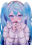  1girl alternate_costume aqua_hair aqua_nails blue_eyes blush coat drink hair_between_eyes hairband hatsune_miku highres long_hair looking_at_viewer simple_background snow snowing solo takepon1123 twintails upper_body very_long_hair vocaloid white_background 