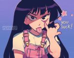  1girl artist_name bishoujo_senshi_sailor_moon hino_rei overalls pink_overalls purple_background purple_hair simple_background solo speedoru star_(symbol) tongue tongue_out upper_body 