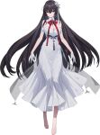 1girl absurdres barefoot black_hair breasts cleavage counter:side dress full_body gloves highres long_hair looking_at_viewer official_art purple_eyes simple_background solo tachi-e tammiel_(counter:side) transparent_background very_long_hair white_dress white_gloves 
