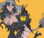  between_breasts black_hair breasts broom broom_riding bug detached_collar detached_sleeves gloves hat high_heels highres lantern large_breasts long_hair mole mole_on_breast okku original pointy_ears solo spider wide_sleeves witch_hat yellow_eyes 