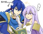  1boy 1girl blue_cape blue_eyes blue_hair book brother_and_sister cape circlet fire_emblem fire_emblem:_genealogy_of_the_holy_war headband holding holding_book julia_(fire_emblem) long_hair looking_at_another open_mouth ponytail purple_cape purple_eyes purple_hair seliph_(fire_emblem) siblings simple_background thinking white_headband yukia_(firstaid0) 