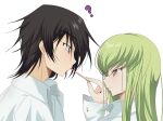 1boy 1girl ? assertive_female black_hair budgiepon c.c. close-up closed_mouth code_geass collared_shirt commentary_request couple eye_contact eyelashes food food_in_mouth from_side green_hair hair_between_eyes hand_up hetero highres lelouch_vi_britannia light_blush long_hair long_sleeves looking_at_another nose pocky pocky_in_mouth pocky_kiss profile purple_eyes shirt short_hair sidelocks simple_background smile spiked_hair straight_hair white_background white_shirt yellow_eyes 
