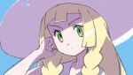  1girl blonde_hair blue_background braid closed_mouth commentary_request eyelashes green_eyes hand_up hat lillie_(pokemon) long_hair lowres okimiyage pokemon pokemon_(game) pokemon_sm portrait sleeveless solo twin_braids 