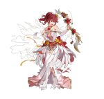  1girl anna_(fire_emblem) bare_shoulders bouquet bow_(weapon) breasts damaged detached_sleeves dress feather_trim fire_emblem fire_emblem_heroes flower flower_brooch gold_bracelet gold_choker high_ponytail holding holding_bouquet holding_bow_(weapon) holding_weapon medium_breasts official_alternate_costume official_art one_eye_closed open_mouth ponytail red_eyes red_flower red_hair red_rose rose teeth torn_clothes torn_dress upper_teeth_only v-shaped_eyebrows weapon white_background white_dress yellow_flower yellow_rose 