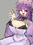  1girl ^_^ black_bra blush bra breasts cleavage cleavage_cutout closed_eyes clothing_cutout dress english_commentary grey_background handjob_gesture hat lace lace_bra large_breasts long_hair looking_up mob_cap motion_blur patchouli_knowledge purple_dress purple_hair purple_headwear saliva shigezie sitting solo tongue tongue_out touhou underwear 