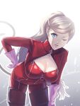  1girl alternate_hairstyle bent_over blonde_hair blue_eyes bodysuit breasts cat_tail cleavage corner50777313 earrings gloves hand_on_own_hip high_ponytail highres jewelry large_breasts long_hair looking_at_viewer one_eye_closed parted_lips persona persona_5 pink_gloves red_bodysuit solo stud_earrings tail takamaki_anne very_long_hair zipper 