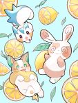  animal_focus artist_name blue_background commentary_request dog food fruit green_eyes hanabusaoekaki heart highres leaf lemon lemon_slice no_humans open_mouth pachirisu pawpads pokemon pokemon_(creature) simple_background solid_oval_eyes spinda tail teeth tongue tongue_out upper_teeth_only yamper 