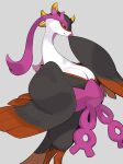  anthro areola beak black_body black_eyes breasts cleavage clothed clothing feathers female fezandipiti generation_9_pokemon hi_res horn kame_3 nintendo pokemon pokemon_(species) side_view simple_background standing tail_feathers white_background wings 