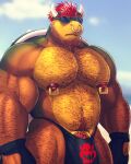  2023 accessory anthro arm_hair barazoku beach beard belly biceps big_bulge big_muscles big_pecs big_penis bikini_thong blurred_background body_hair bowser bulge chest_hair clothed clothing cloud cock_ring day deltoids dream_and_nightmare eyebrows eyewear facial_hair facial_piercing frown furgonomics furry-specific_piercing genitals hair hairy handwear happy_trail hi_res horn horn_piercing horn_ring_(piercing) huge_bulge huge_muscles huge_penis humanoid_genitalia humanoid_penis jewelry koopa leg_hair male manly mario_bros musclegut muscular muscular_anthro muscular_male nintendo nipple_piercing nipple_ring nipples non-mammal_nipples nose_piercing nose_ring outside pecs penis penis_accessory penis_base penis_jewelry piercing pubes ring_piercing sand scalie seaside shadow shell sky solo spiked_shell spikes spikes_(anatomy) standing stomach_hair stubble summer sunglasses swimwear thick_thighs topless topless_anthro topless_male vein water 