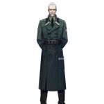  1boy arms_behind_back artist_request beard belt black_belt black_necktie black_pants buttons closed_mouth coat double-breasted facial_hair feet_out_of_frame full_body general_carter_(girls&#039;_frontline) girls&#039;_frontline green_coat green_shirt kcco_(girls&#039;_frontline) long_coat long_sleeves looking_at_viewer male_focus necktie official_art old old_man pants redrawn shirt short_hair simple_background solo transparent_background white_hair 