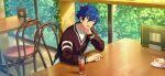  1boy arm_on_table blue_hair chair cup dark_blue_hair drinking_glass drinking_straw elbow_on_table ensemble_stars! hair_between_eyes hand_on_own_neck hand_up happy_elements leaf long_sleeves male_focus official_art open_mouth rouge&amp;ruby_(ensemble_stars!) sazanami_jun short_hair sitting solo table third-party_source upper_body v-neck watch window wristwatch yellow_eyes 