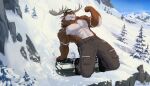  abs anthro antlers biped bottomwear capreoline clothed clothing countershade_fur countershade_torso countershading deer eyewear fur goggles horn lynncore male mammal midair moose mountain outside plant snow snowboard snowboarding solo topless topless_anthro topless_male tree 
