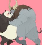  2023 absurd_res anthro balls bear belly big_belly black_body black_nose blush bovid bovine censored dreamworks duo eyes_closed genitals giant_panda hi_res kai_the_collector kemono kissing kung_fu_panda ma5ka4nai male male/male mammal master_po_ping overweight overweight_male white_body 