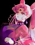  1girl bishoujo_senshi_sailor_moon black_background black_lady breasts chibi_usa cleavage commentary_request cone_hair_bun crescent crescent_facial_mark crystal_earrings dated double_bun dress earrings facial_mark forehead_mark hair_bun jewelry medium_breasts pink_eyes pink_hair purple_dress see-through see-through_cleavage serious signature solo twintails upper_body v-shaped_eyebrows yukinami_(paru26i) 