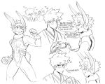  2boys animal_ears bakugou_katsuki blush body_freckles boku_no_hero_academia clenched_hands closed_eyes closed_mouth commentary cosplay crescent_print english_commentary english_text freckles gloves greyscale habkart heart holding holding_clothes japanese_clothes kimono leotard looking_at_another male_focus midoriya_izuku mirko mirko_(cosplay) monochrome multiple_boys open_mouth rabbit_ears rabbit_tail short_hair simple_background sleeveless_turtleneck_leotard smile spiked_hair standing tail turtleneck_leotard white_background 