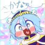  1other :3 androgynous blue_eyes blue_hair blue_headwear blush_stickers commentary_request fang hair_between_eyes helmet len&#039;en light_blue_hair medium_hair moritake_medias no_nose open_mouth other_focus sketch solo sparkling_eyes translation_request yukkyon_kyon 