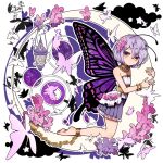  1girl barefoot bracelet bug butterfly butterfly_wings chain crescent elina_(e2n04n) frills hair_ornament jewelry lantern original purple_eyes short_hair solo wings 