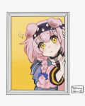  1girl animal_ears arknights blue_ribbon cat_ears cat_girl collar commentary_request goldenglow_(arknights) hair_ribbon headband highres pink_hair ribbon short_hair signature touno_(akarino) yellow_eyes 