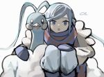  1boy :o altaria blue_eyes boots commentary eyelashes grey_hair grusha_(pokemon) jacket looking_at_viewer male_focus mittens open_mouth pants pokemon pokemon_(creature) pokemon_(game) pokemon_sv sameniku_umai scarf squatting striped striped_scarf symbol-only_commentary 